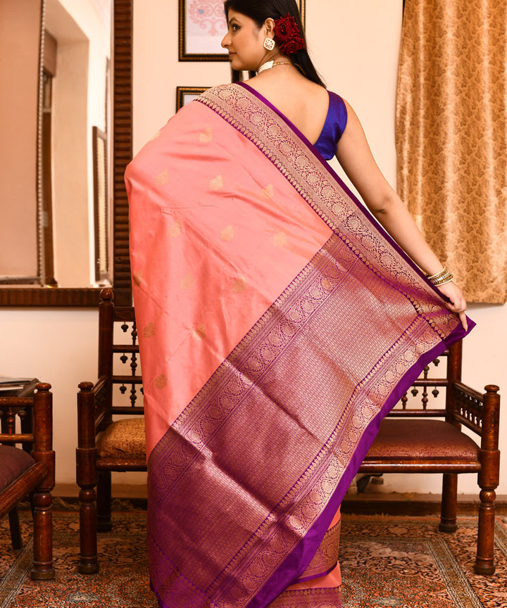 Peach violet silk handwoven banarasi saree