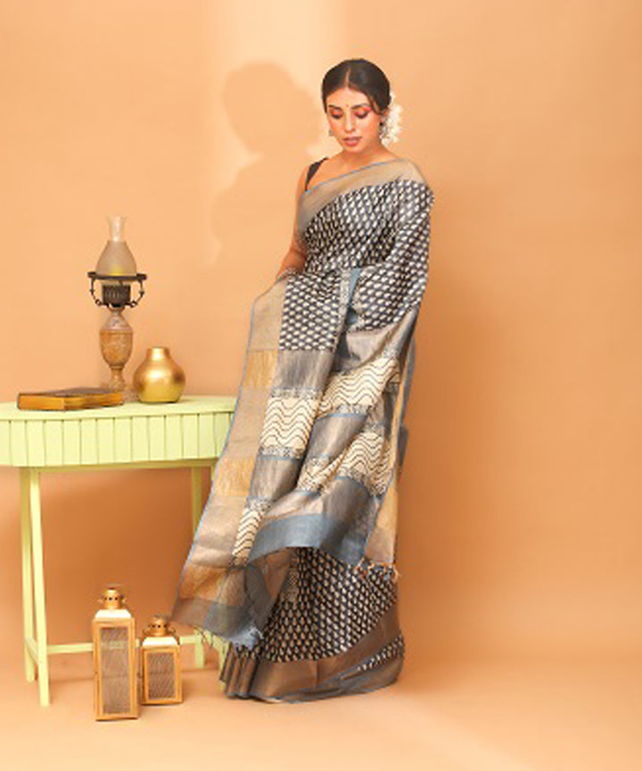 Cyan green beige chhattisgarh handloom tussar silk saree
