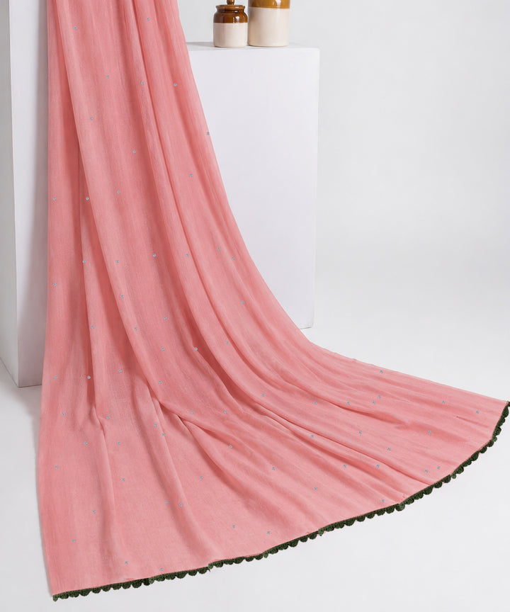 Peach olive crochet mukaish cotton saree