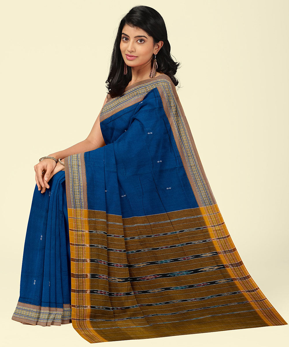 Midnight blue yellow cotton handwoven nuapatna saree