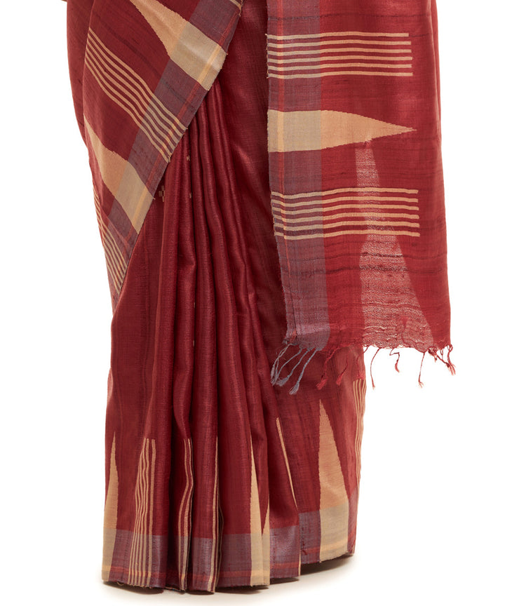 Handwoven red kosa saree with offwhite temple border