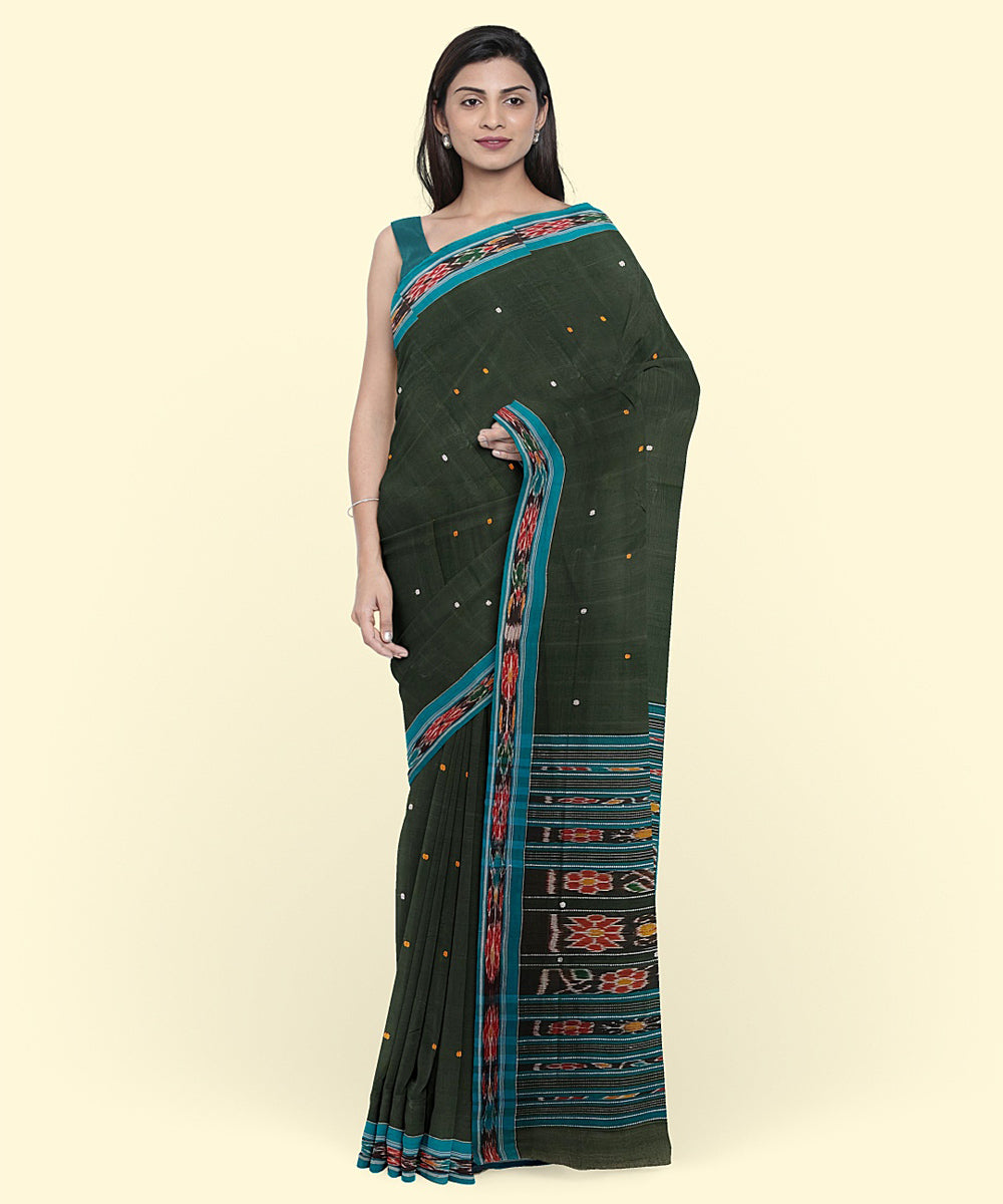 Dark green green cotton handwoven nuapatna saree