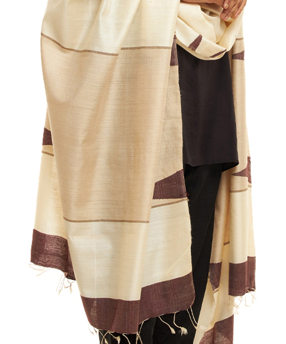 Beige brown temple motifs handwoven kosa silk dupatta
