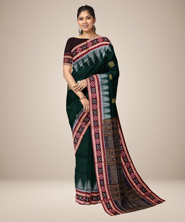 Dark green dark red cotton handwoven bomkai saree
