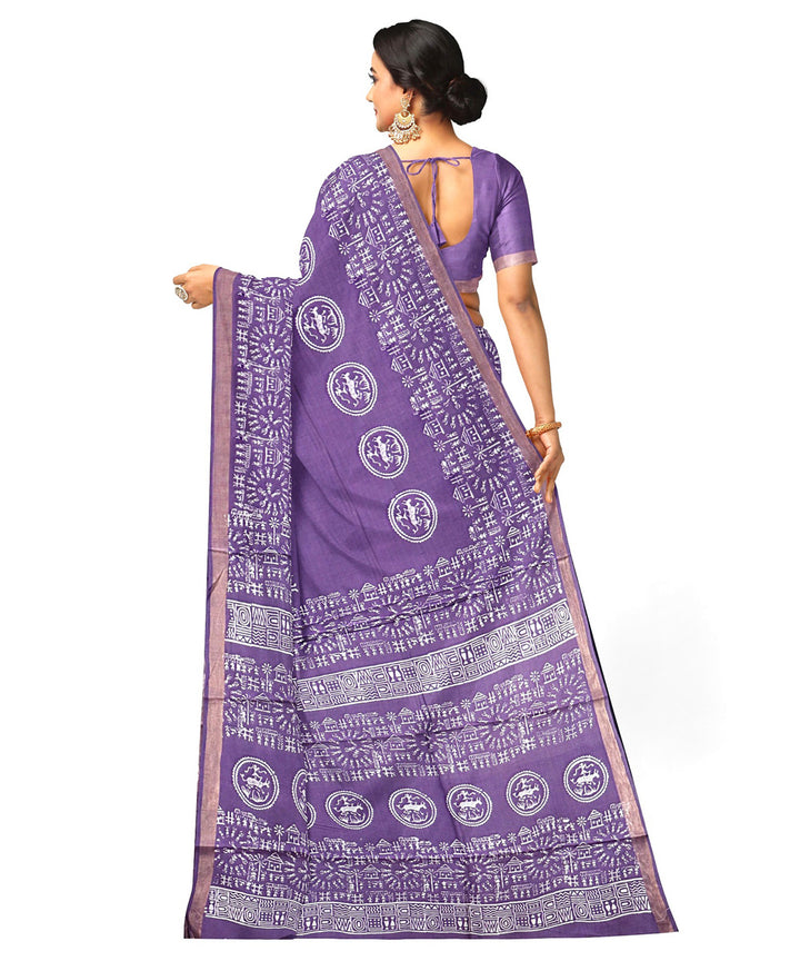 Dark lavender temple border tussar silk handwoven odisha ikat saree