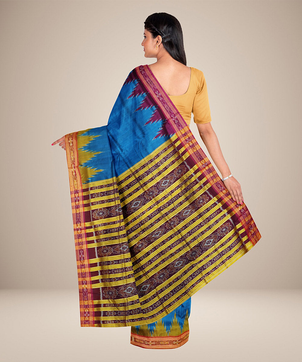 Cyan blue multicolour silk handwoven khandua saree