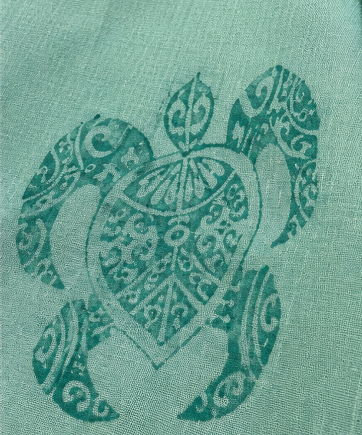 Turquoise mul cotton block print saree