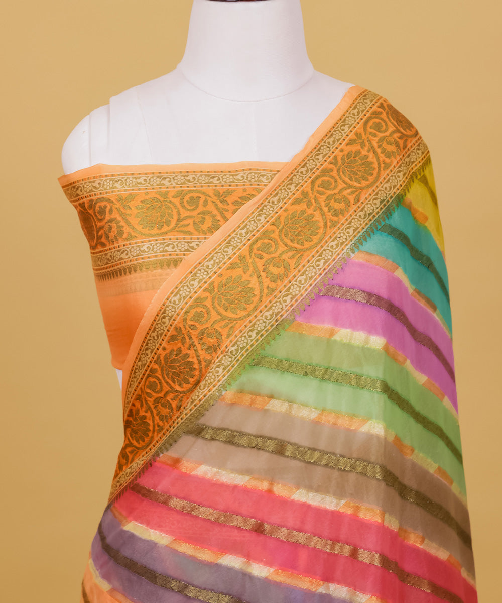 Orange diagonal stripe handwoven silk banarasi saree