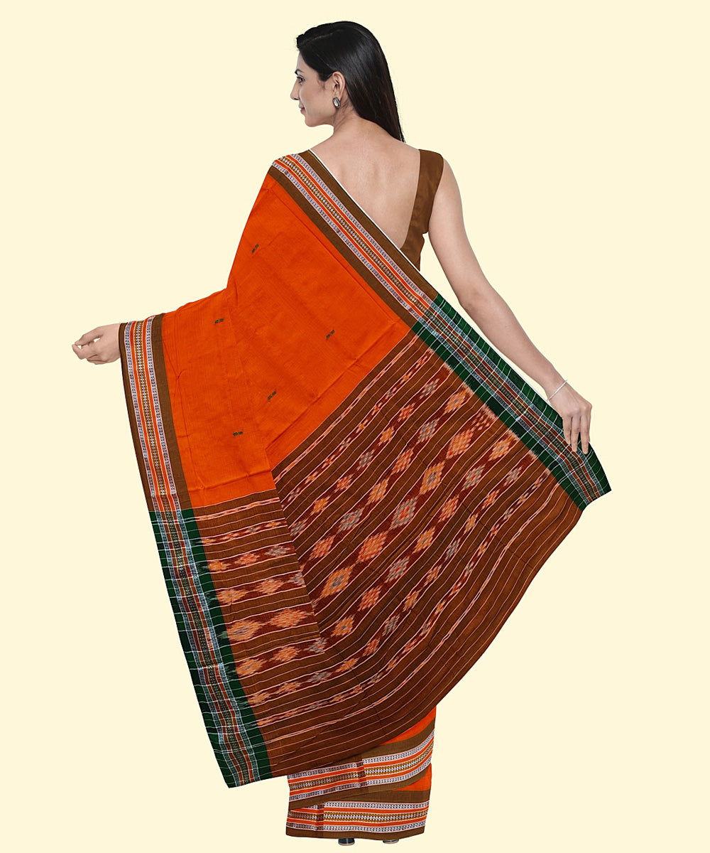 Orange green cotton handwoven nuapatna saree