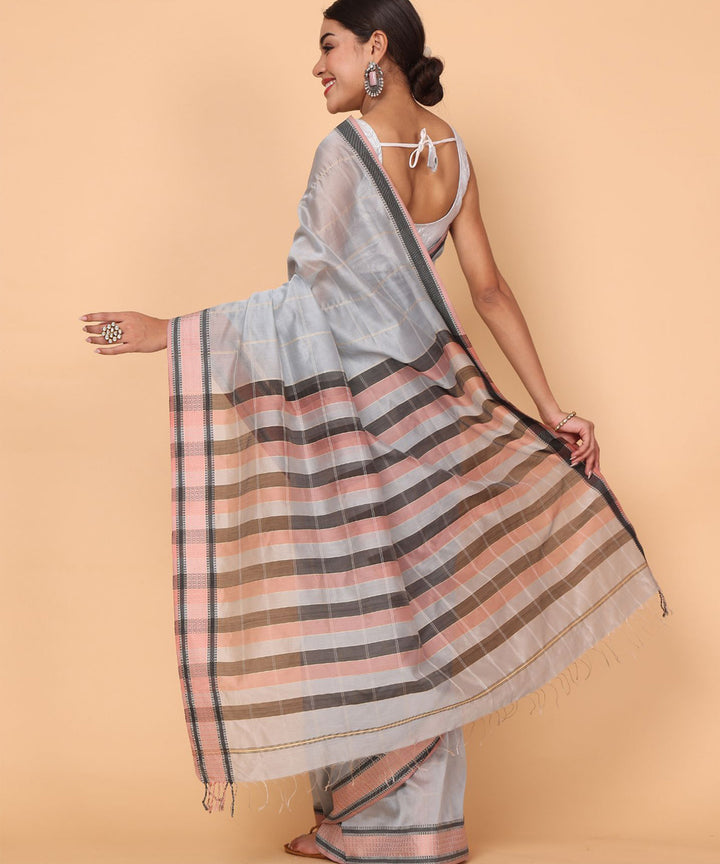 Grey cotton silk maheshwari handloom saree