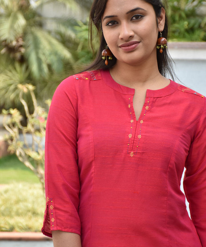 Brick red silk hand embroidery tunic
