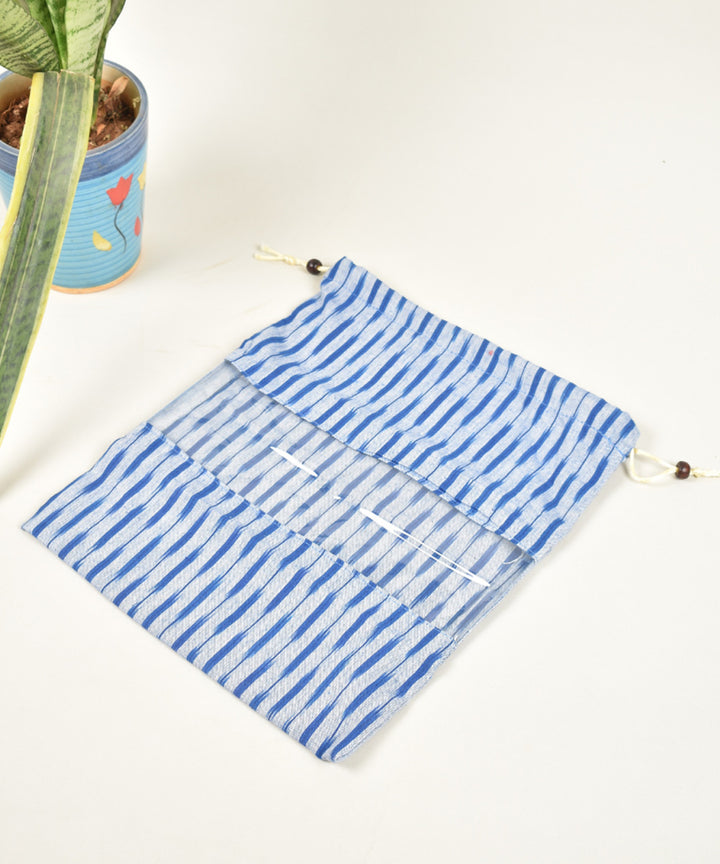 Blue white handcrafted cotton pochampally ikat pouch