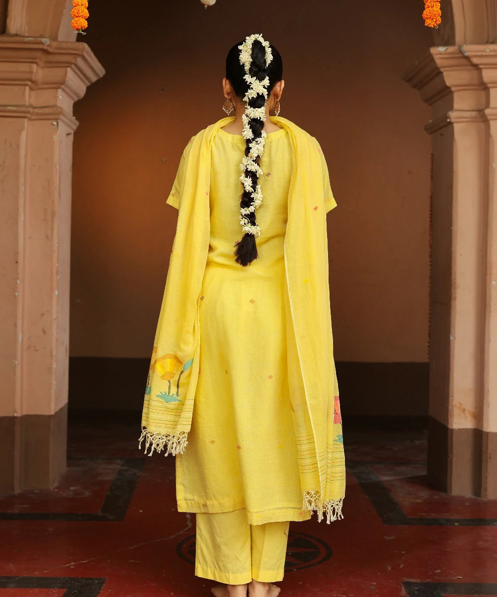 Handloom yellow cotton jamdani kurta set with dupatta