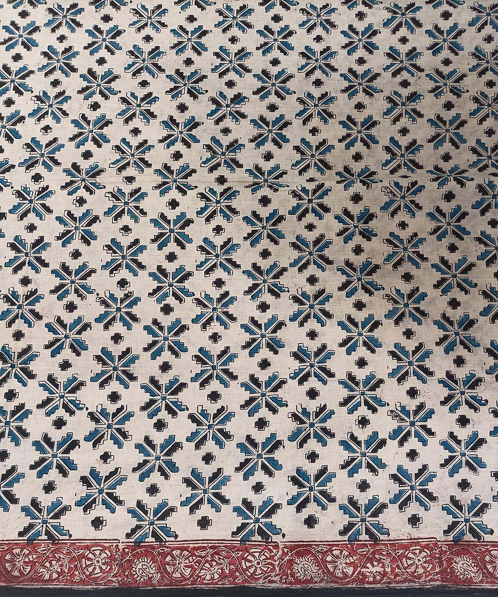 Offwhite blue kalamkari hand printed cotton saree