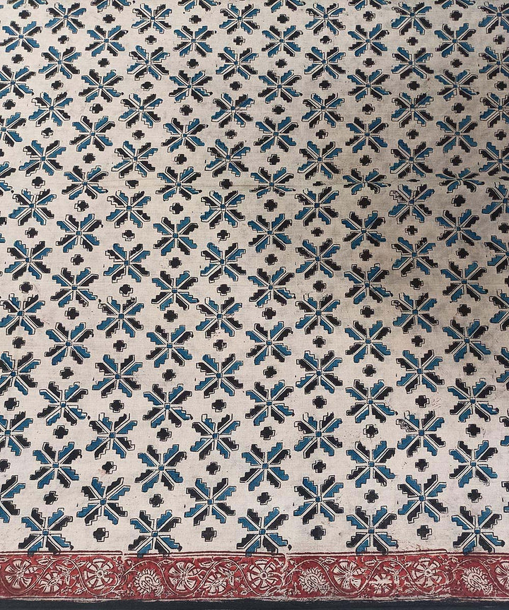 Offwhite blue kalamkari hand printed cotton saree