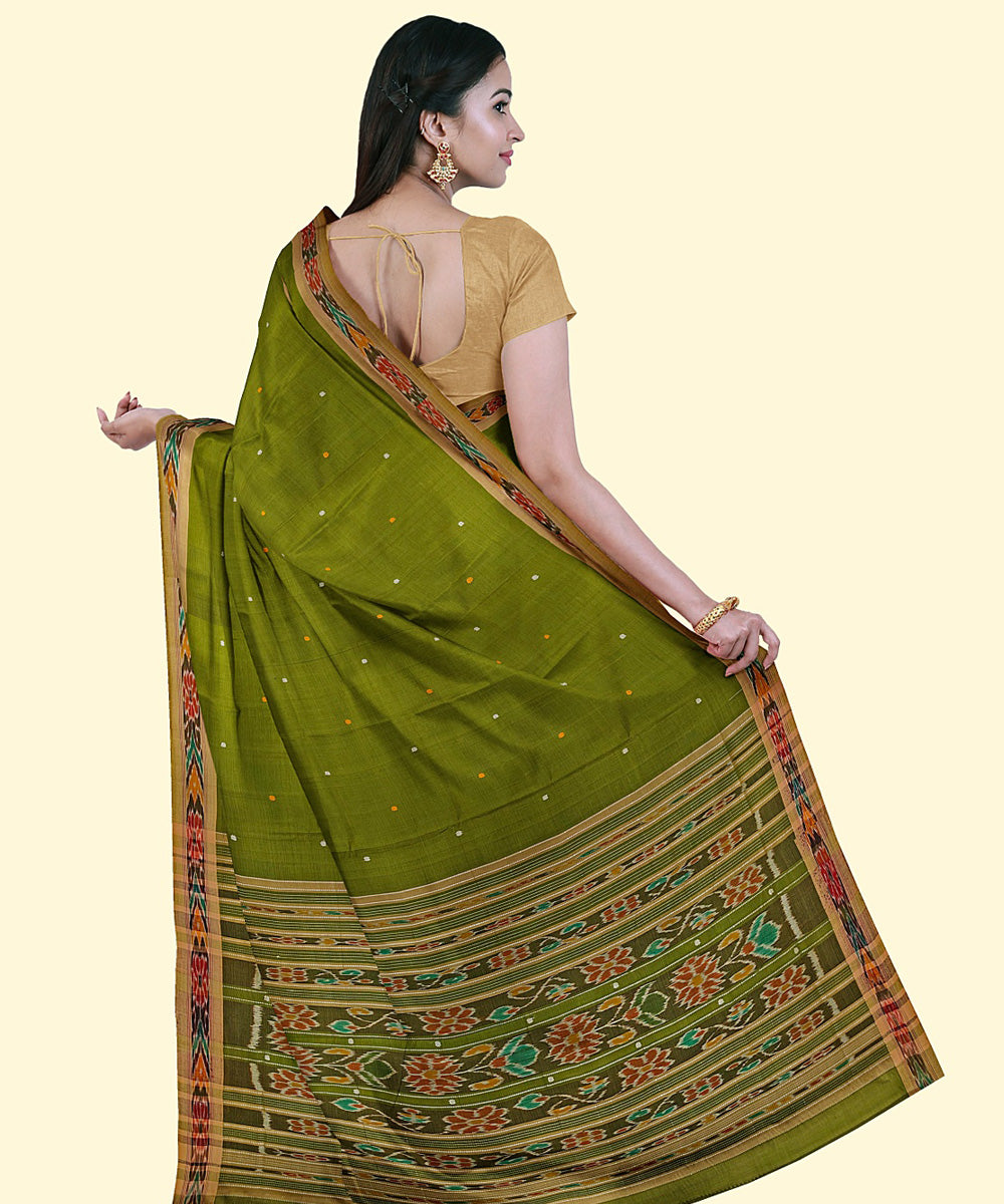 Olive green brown handwoven nuapatna cotton saree