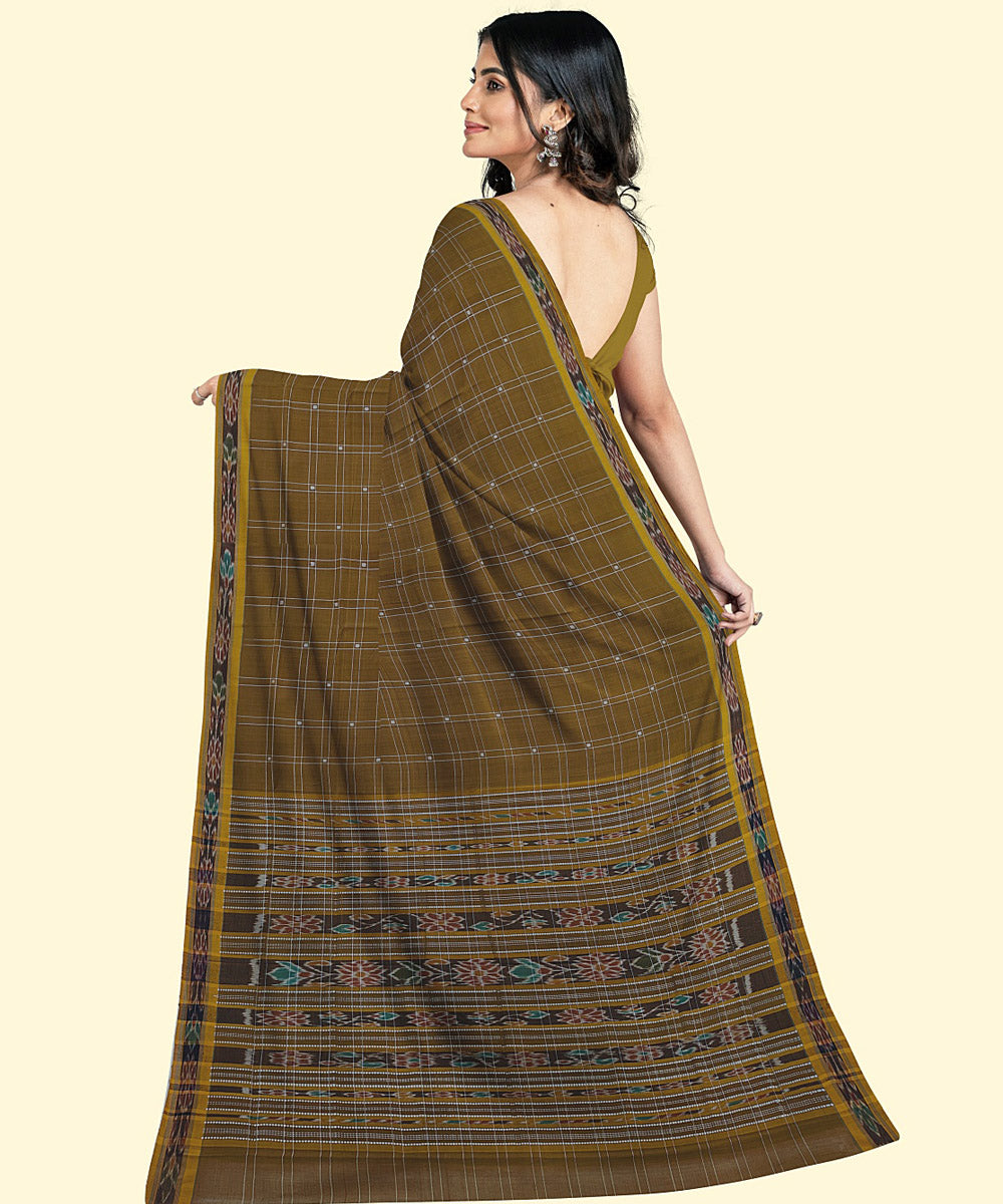 Brown mustard cotton handwoven nuapatna saree