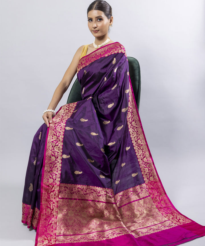 Violet pink border silk handwoven banarasi saree