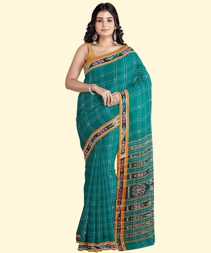 Turquoise mustard cotton handwoven nuapatna saree