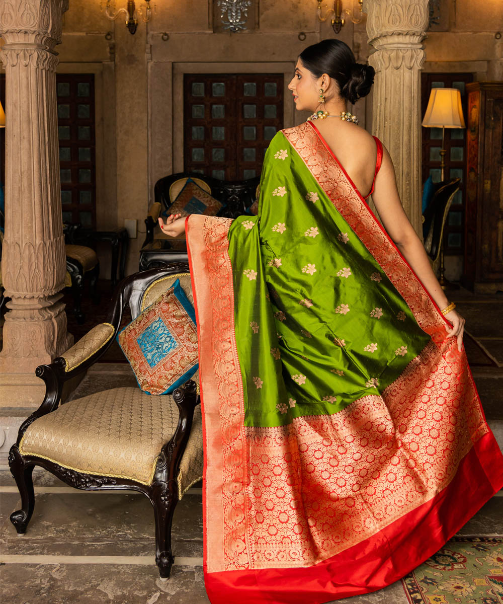 Parrot green silk handwoven banarasi saree