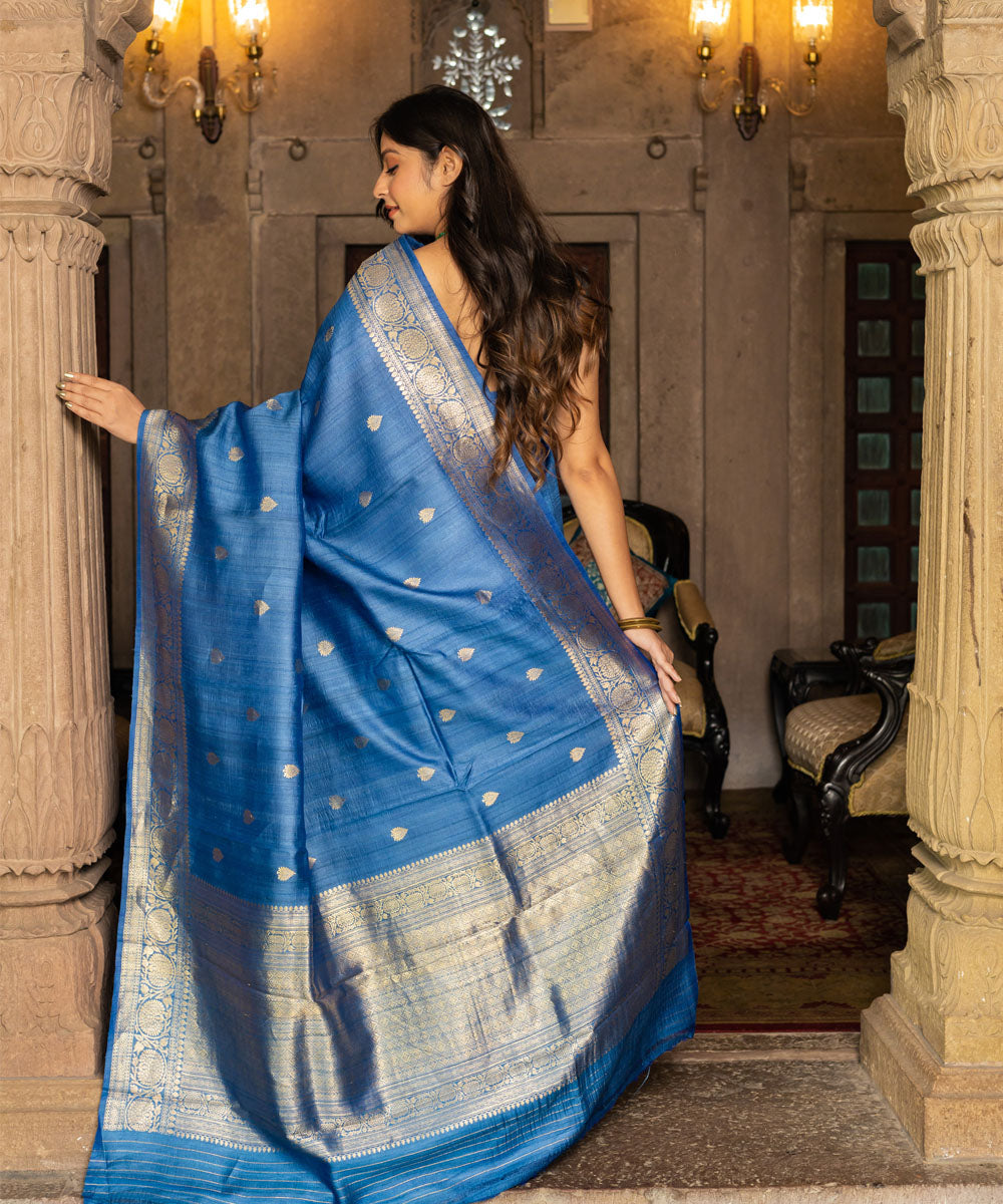 Denim blue silk handwoven banarasi saree