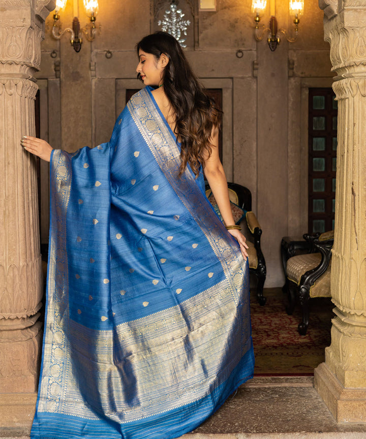 Denim blue silk handwoven banarasi saree