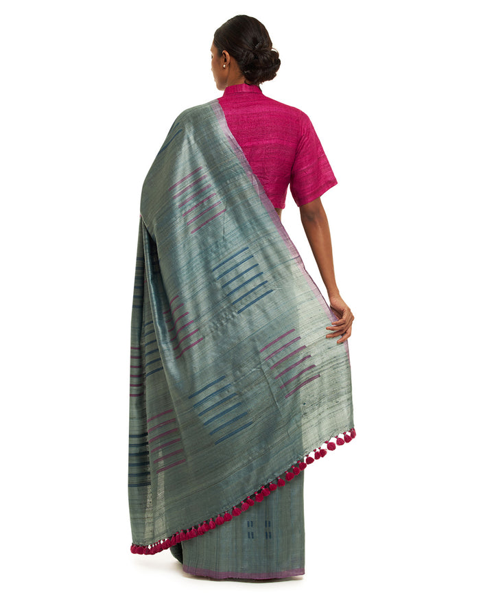 Handwoven natural undyed kosa saree with multicolour motifs