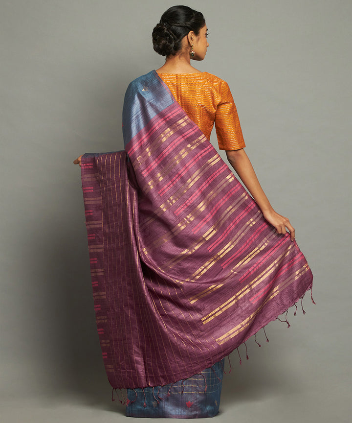 Blue maroon handwoven kosa silk saree