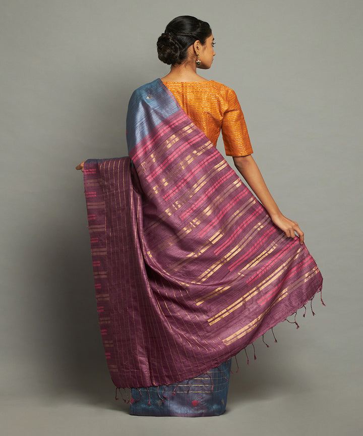 Deep blue tussar silk handwoven chhattisgarh kosa saree