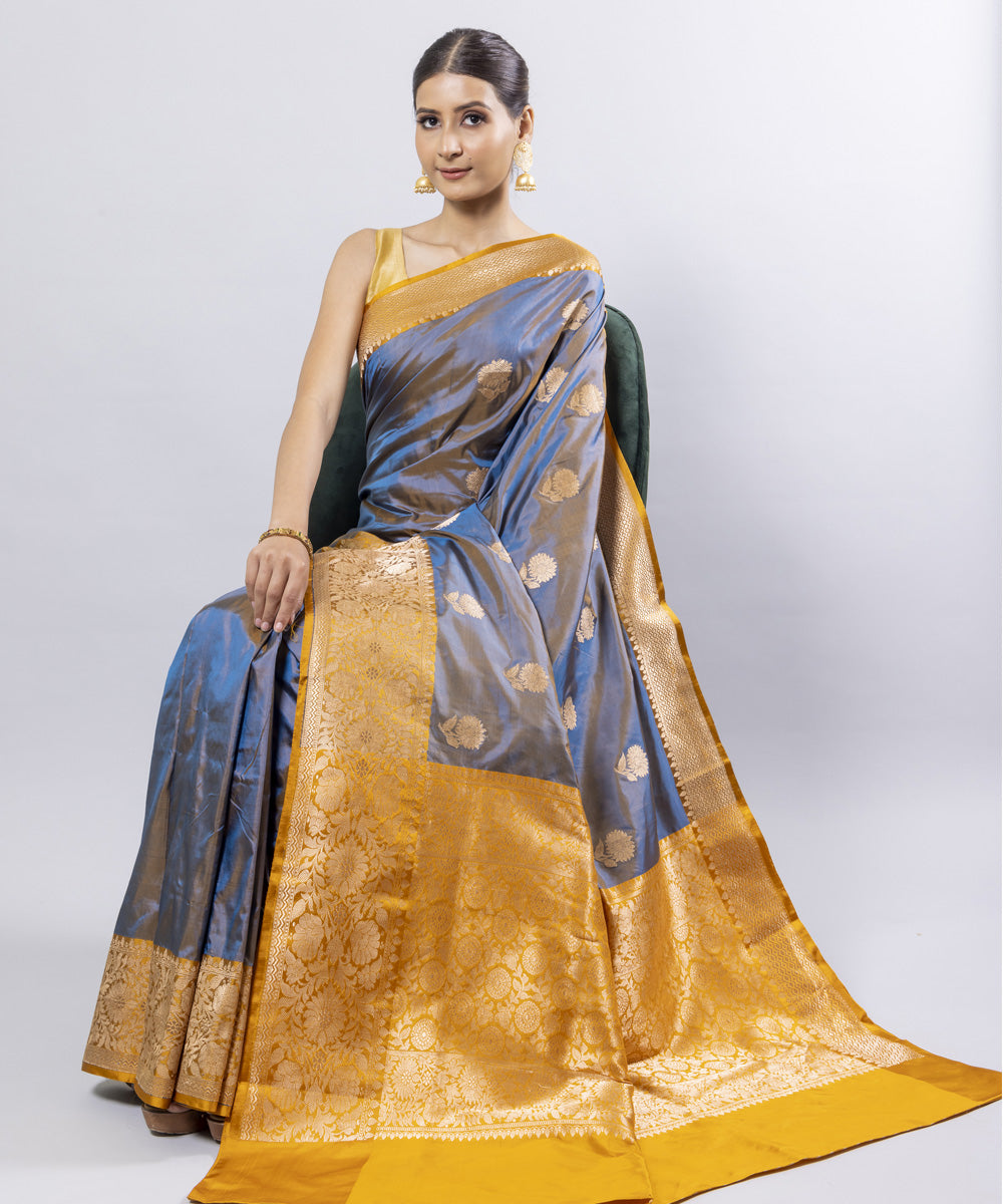 Indigo mustard border silk handwoven banarasi saree