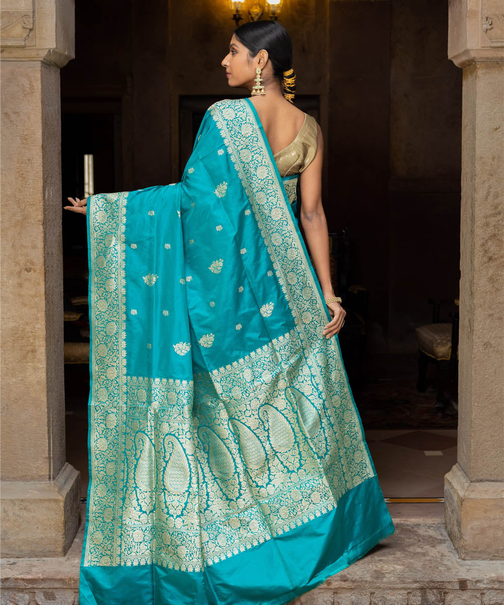 Sea turtle green handwoven silk banarasi saree