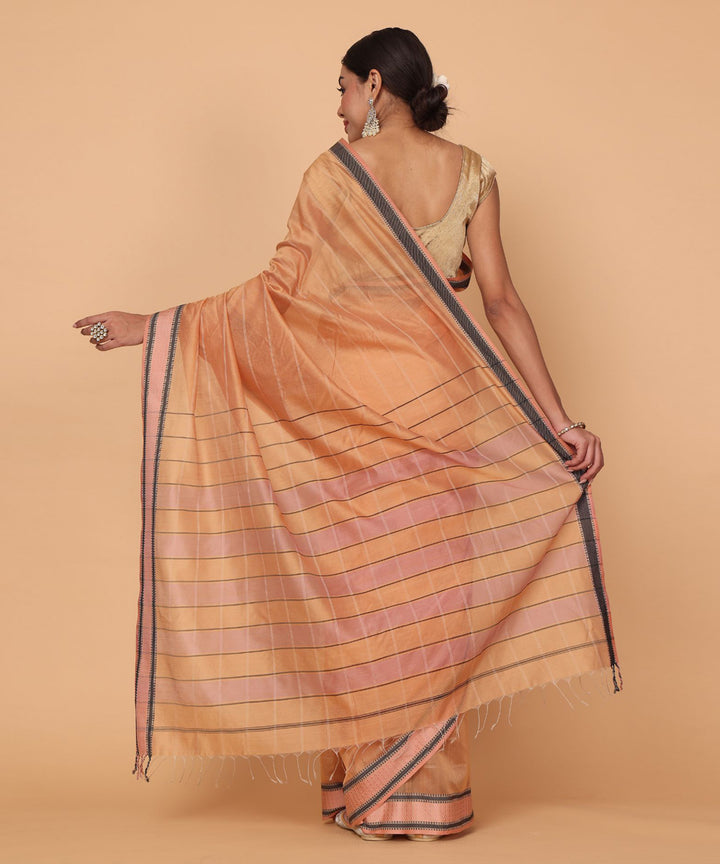 Dark peach pink cotton silk handloom maheshwari saree