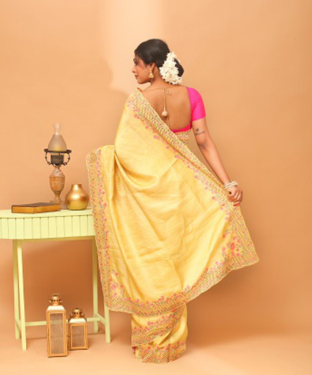 Light yellow chhattisgarh hand embroidered tussar silk saree