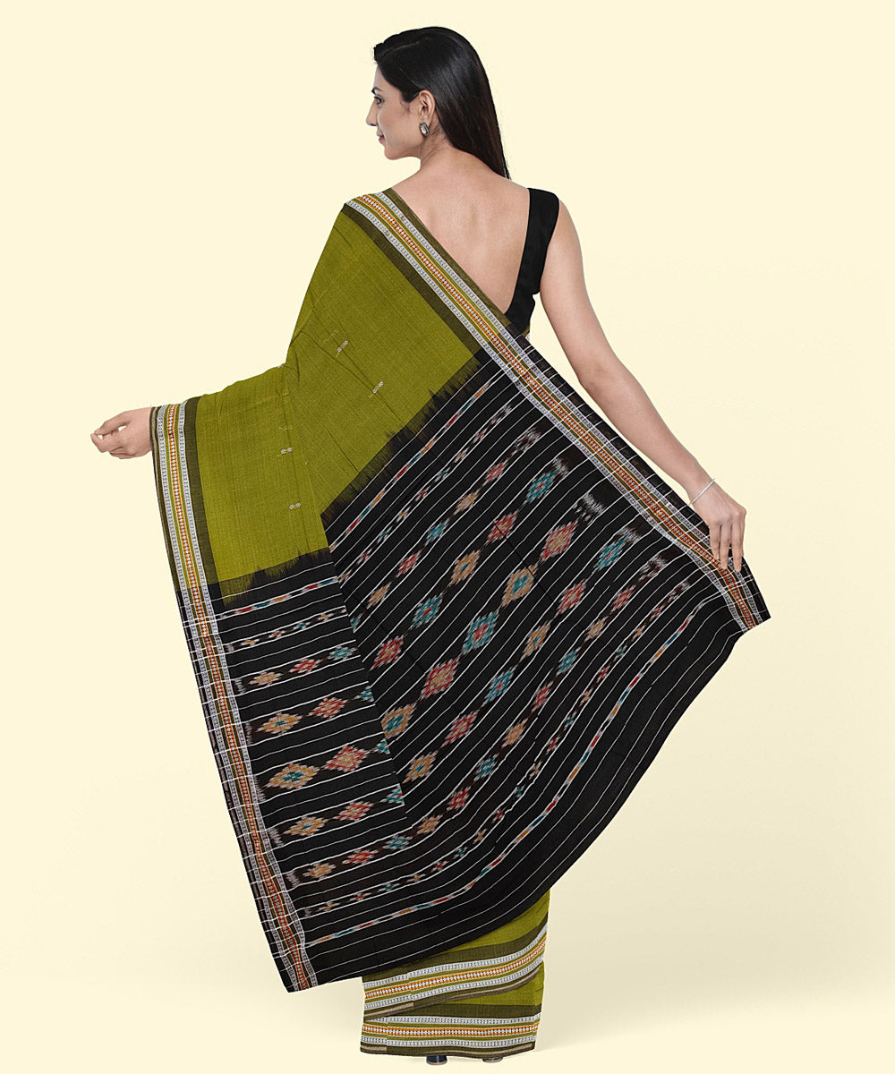 Olive green black cotton handwoven nuapatna saree