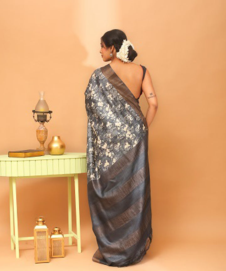 Grey black chhattisgarh tussar silk handloom saree