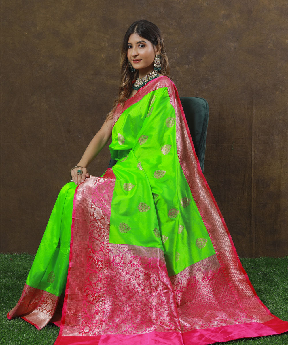 Light green pink border silk handwoven banarasi saree