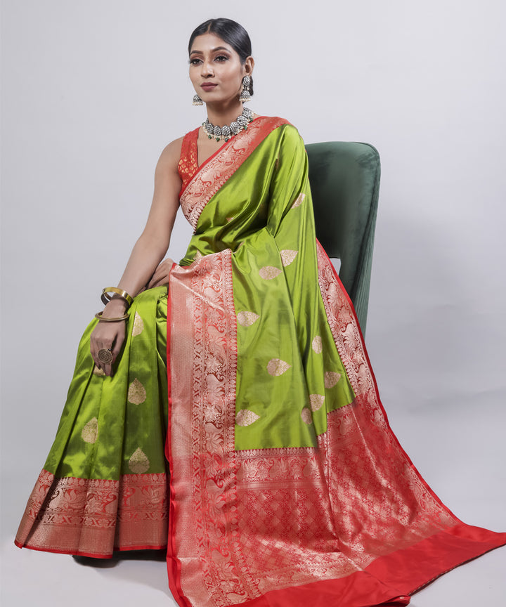 Lime green red border silk handwoven banarasi saree