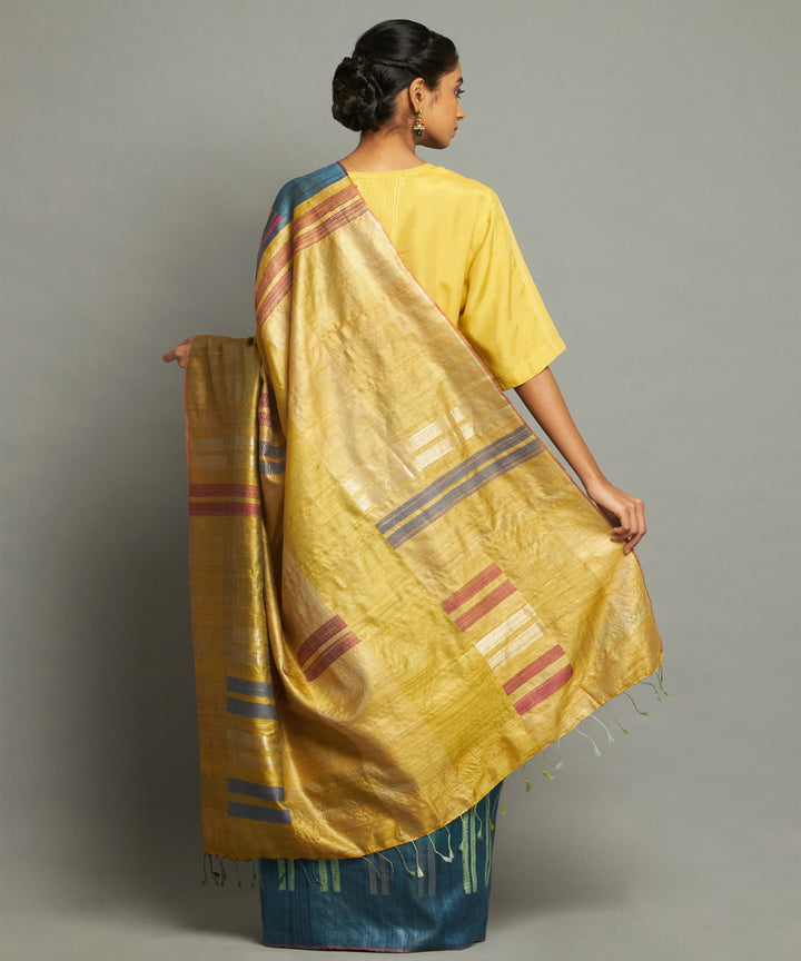 Blue yellow handwoven kosa silk saree