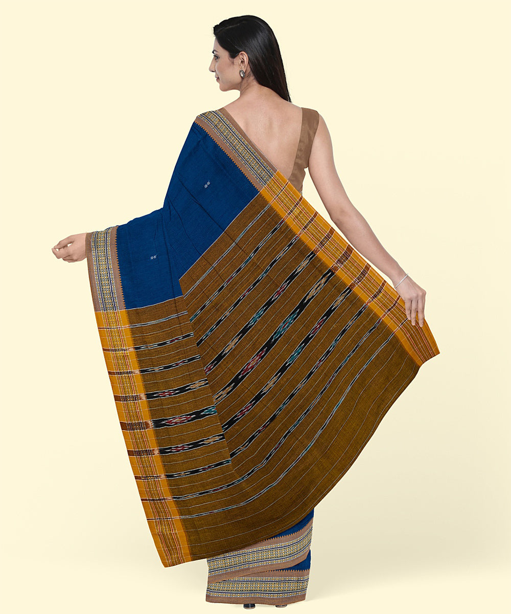 Midnight blue yellow cotton handwoven nuapatna saree