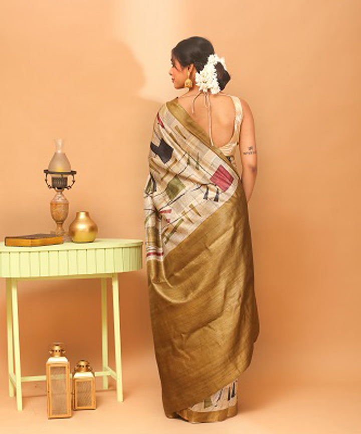 Kosa olive green tussar silk chhattisgarh handloom saree