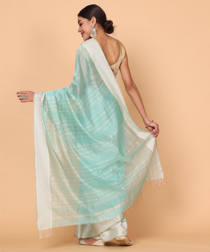 Aqua offwhite cotton silk handloom maheshwari saree