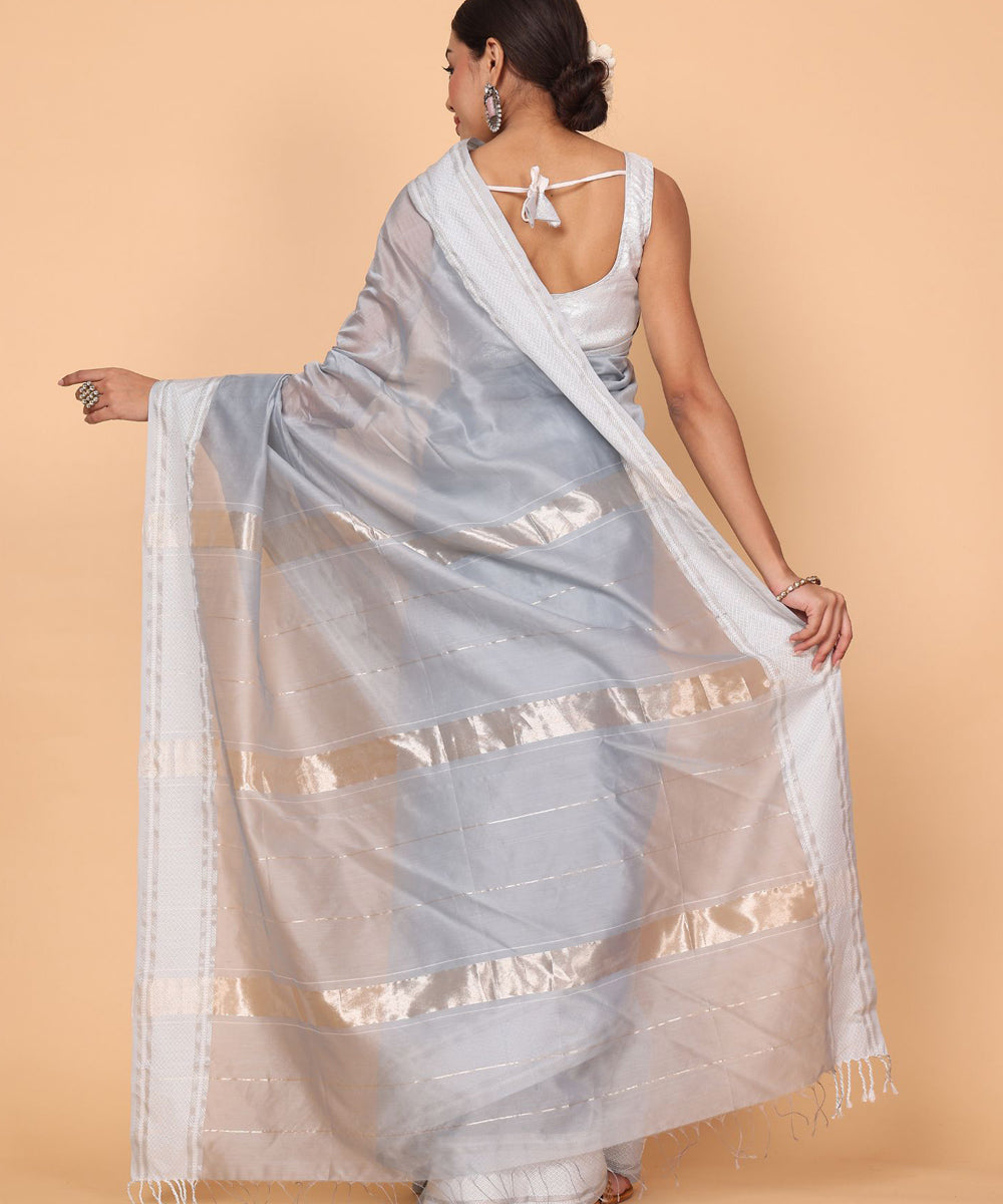 Grey cotton silk handloom maheshwari saree