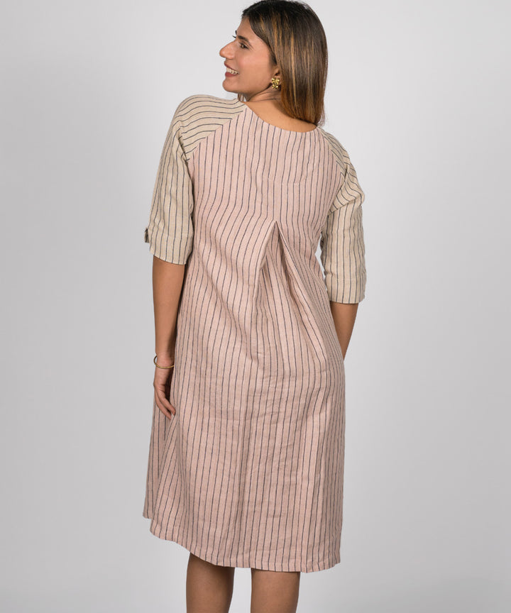 Beige and pink stripes handwoven linen dress