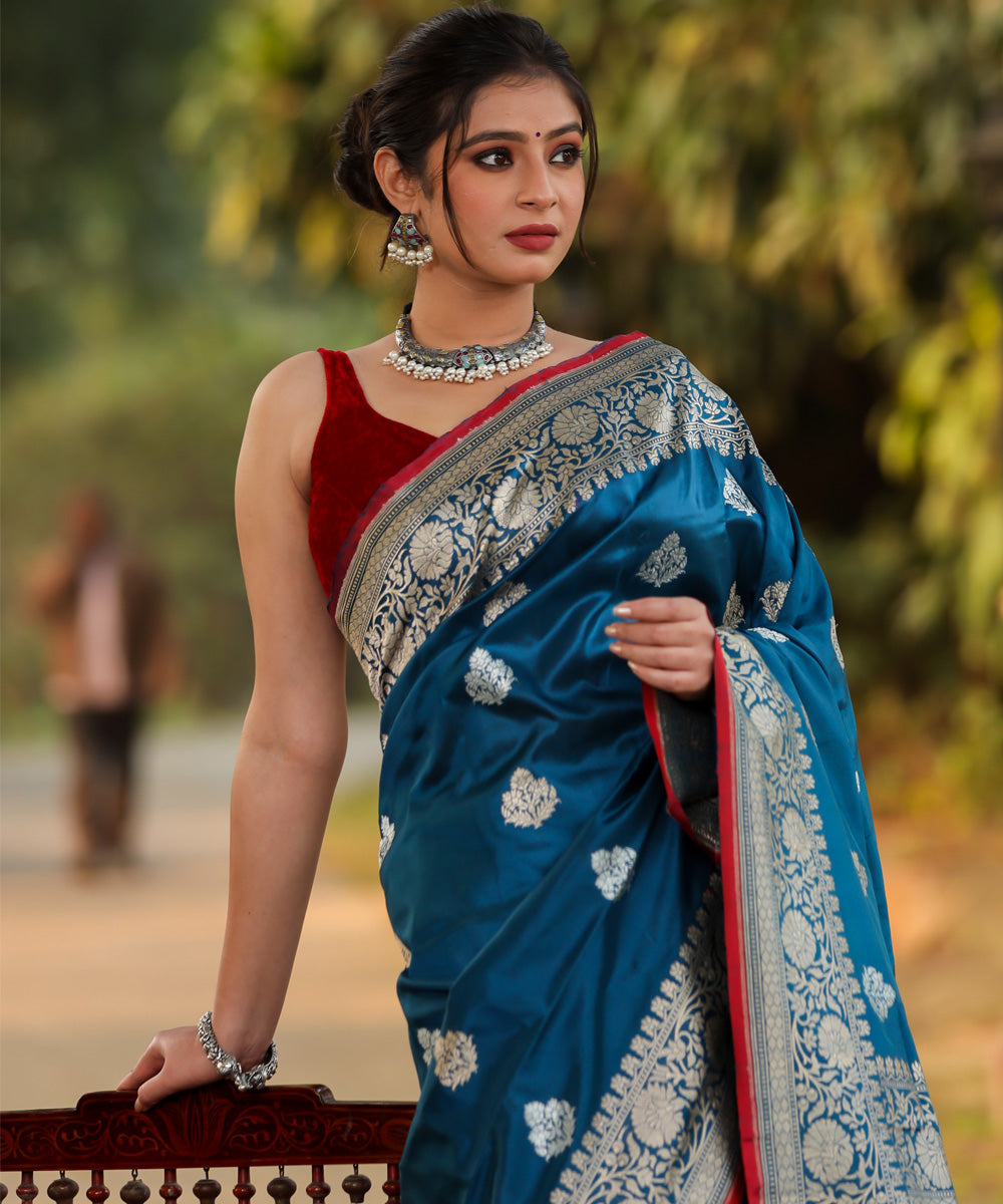 Teal blue red silk handwoven banarasi saree