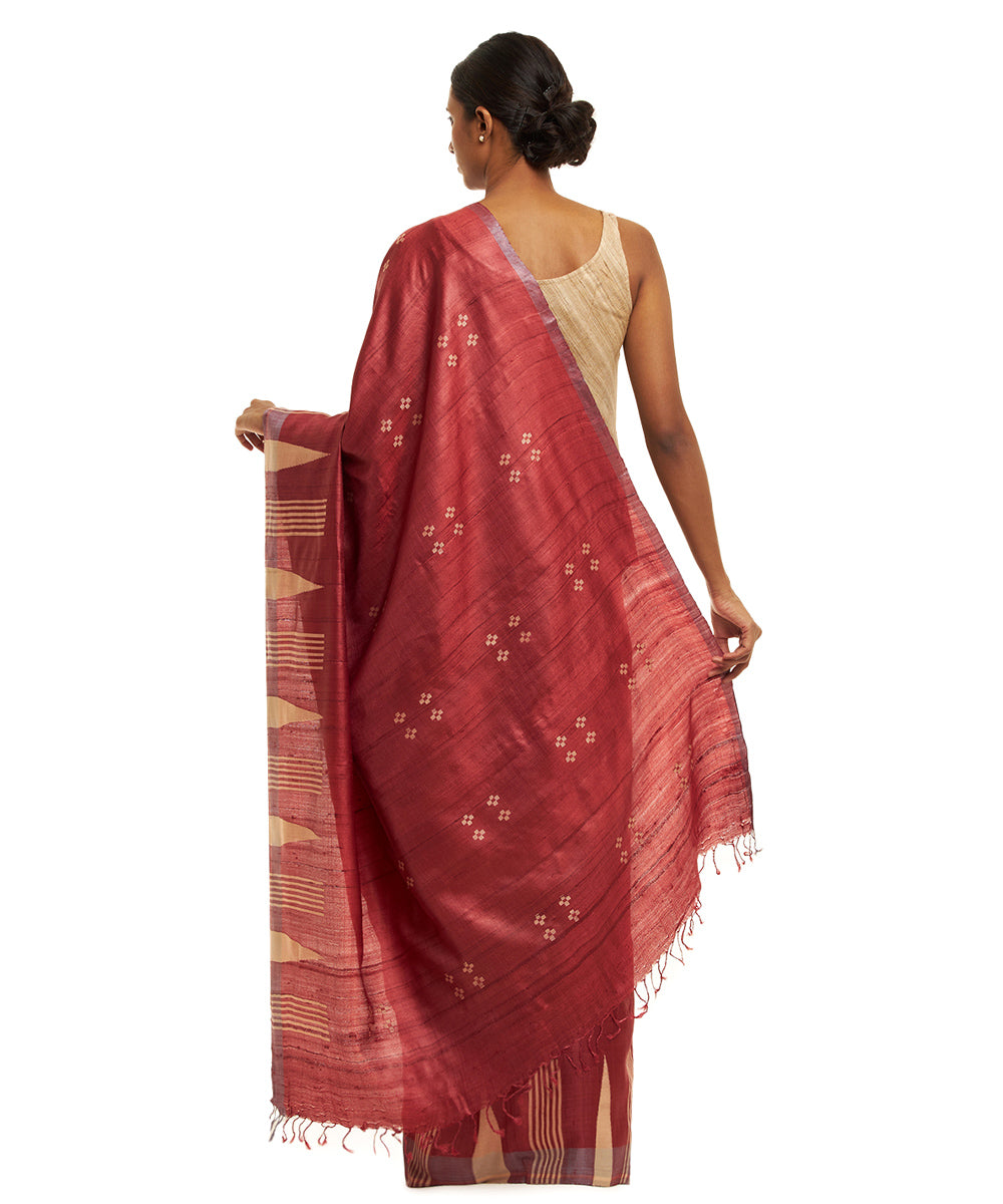 Handwoven red kosa saree with offwhite temple border