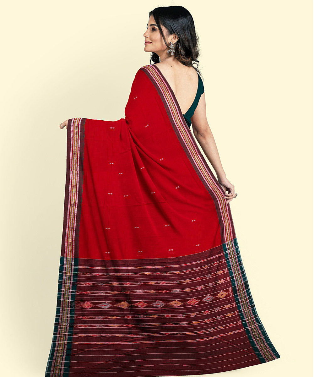 Red maroon cotton handwoven nuapatna saree