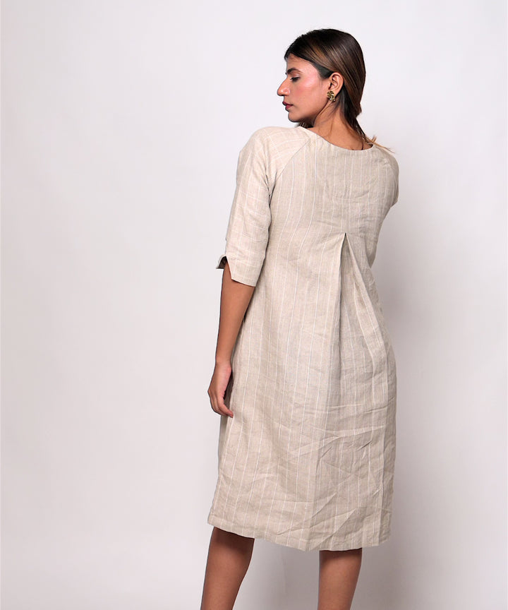 Beige stripes checks handwoven linen dress