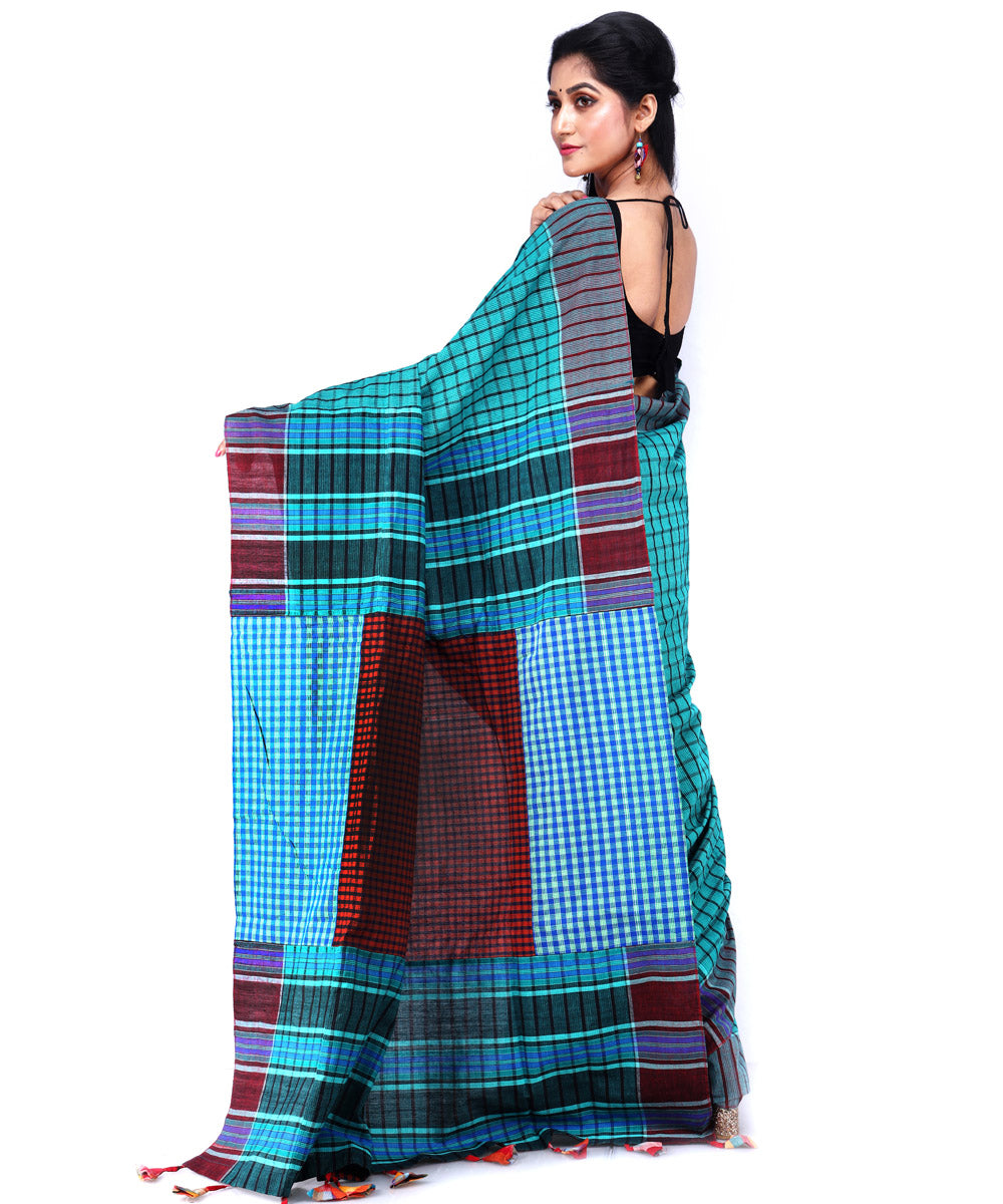 Cyan green maroon cotton handloom gamcha saree