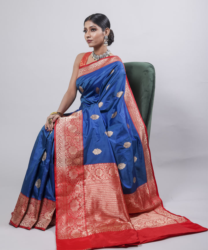 Indigo red border silk handwoven banarasi saree