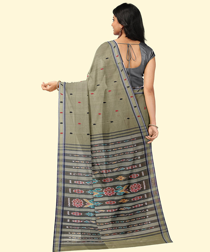 Olive green grey cotton handwoven nuapatna saree